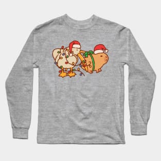 Pelican eats capybara, Merry Christmas, lights and red hat Long Sleeve T-Shirt